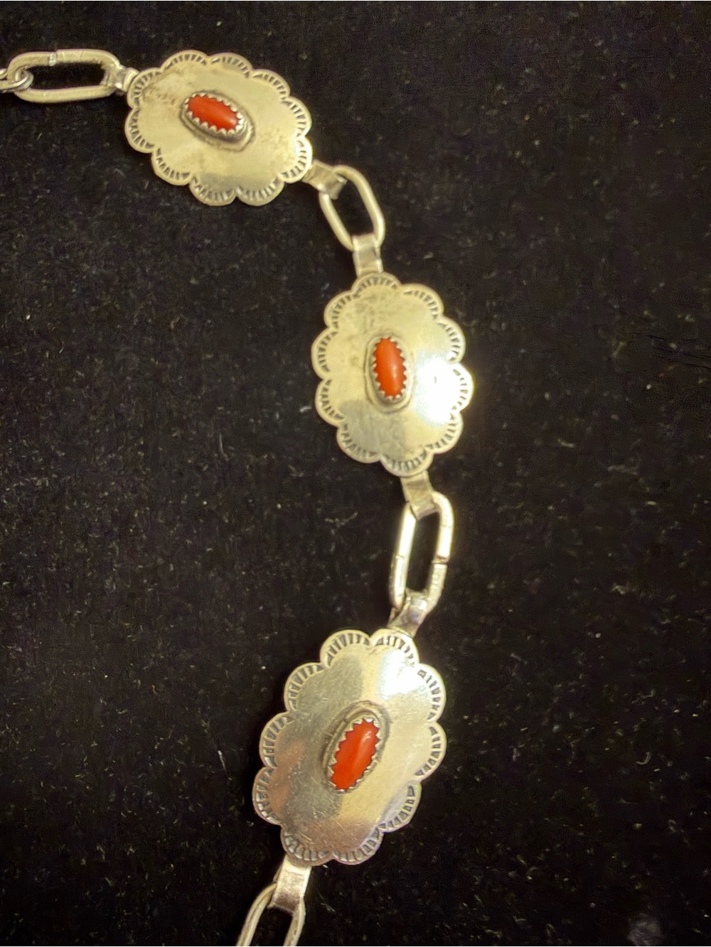Rare Vintage Navajo Sterling Silver and Red Coral Concho Link Necklace - Picture 5 of 15